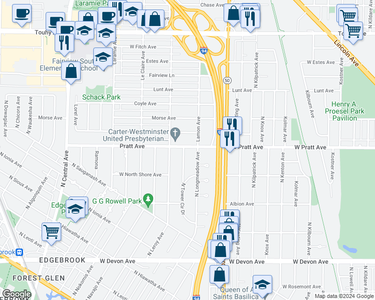 map of restaurants, bars, coffee shops, grocery stores, and more near 6775 North Laporte Avenue in Lincolnwood