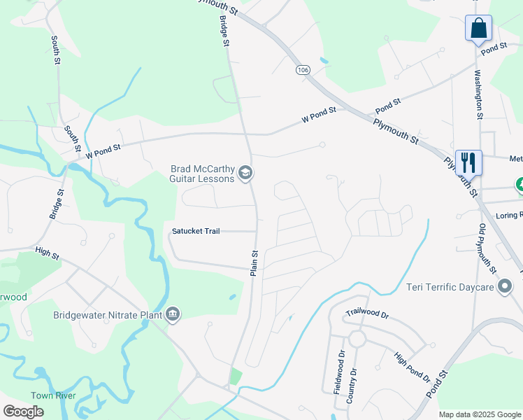 map of restaurants, bars, coffee shops, grocery stores, and more near 309 Plain Street in Bridgewater