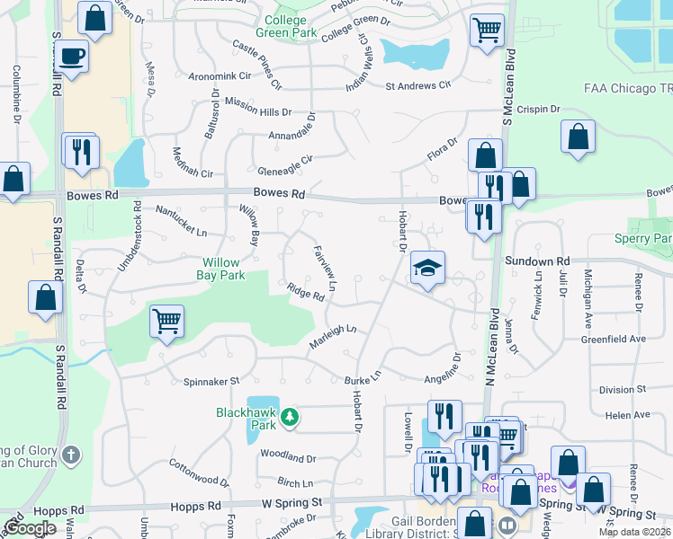 map of restaurants, bars, coffee shops, grocery stores, and more near 677 Fairview Lane in South Elgin