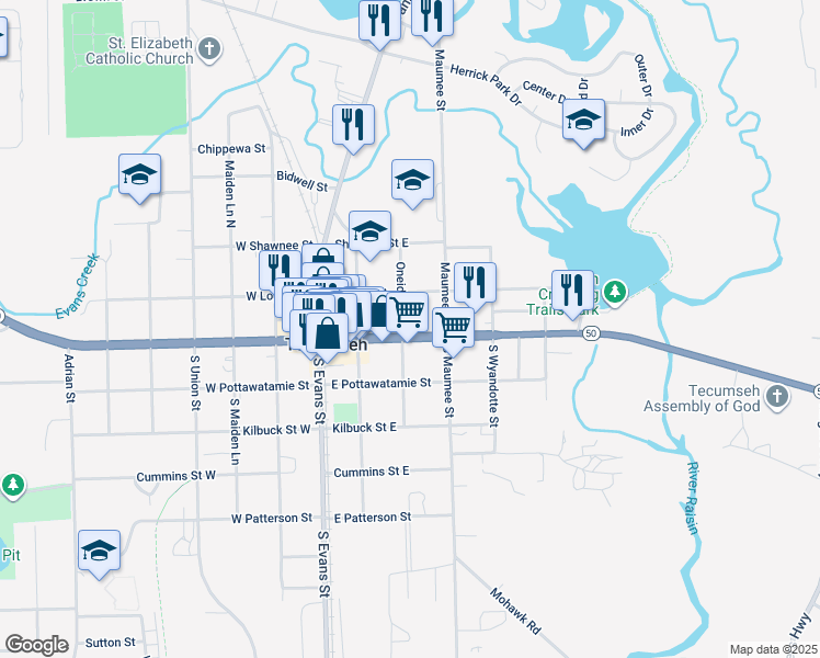 map of restaurants, bars, coffee shops, grocery stores, and more near 301 East Chicago Boulevard in Tecumseh