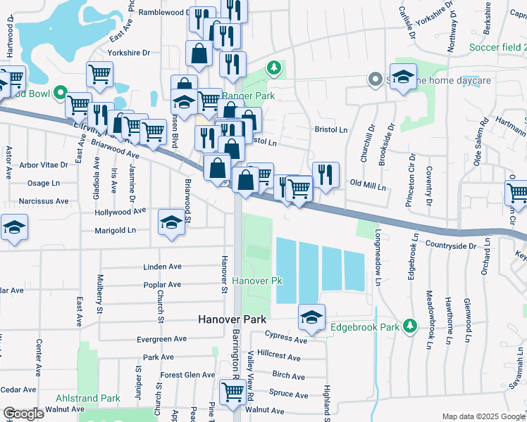 map of restaurants, bars, coffee shops, grocery stores, and more near 1553 Irving Park Rd in Hanover Park