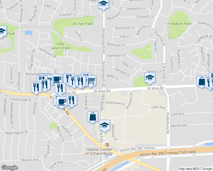 map of restaurants, bars, coffee shops, grocery stores, and more near 1125 Springinsguth Road in Schaumburg
