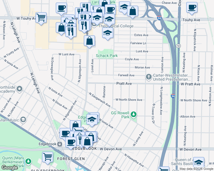 map of restaurants, bars, coffee shops, grocery stores, and more near 6755 Ramona in Lincolnwood