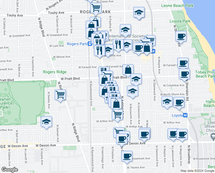 map of restaurants, bars, coffee shops, grocery stores, and more near N Clark St & W Columbia Ave in Chicago