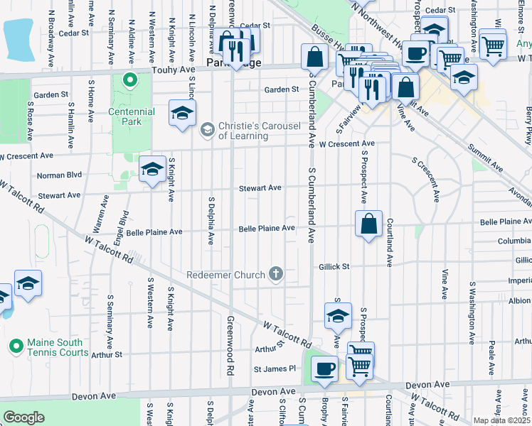 map of restaurants, bars, coffee shops, grocery stores, and more near 515 South Chester Avenue in Park Ridge