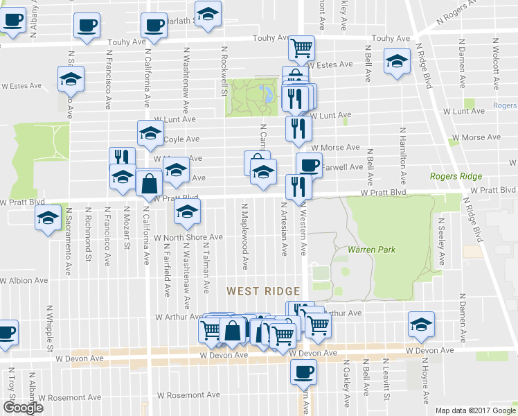 map of restaurants, bars, coffee shops, grocery stores, and more near 6738 North Campbell Avenue in Chicago