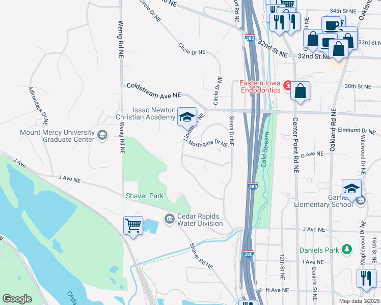 map of restaurants, bars, coffee shops, grocery stores, and more near 2116 Sandalwood Drive Northeast in Cedar Rapids