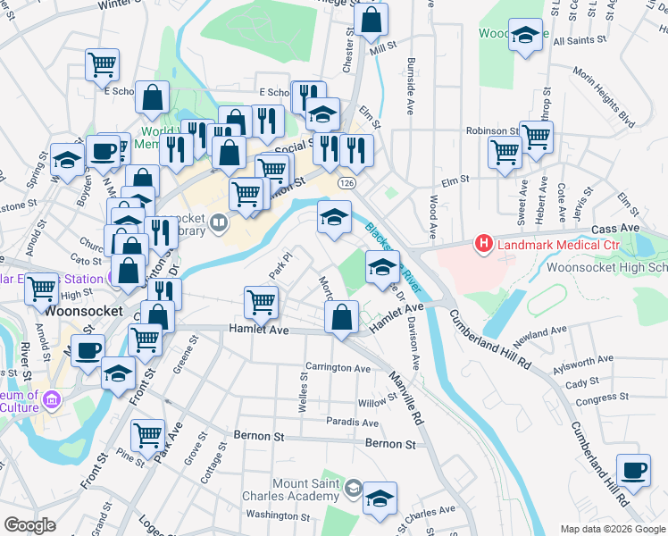 map of restaurants, bars, coffee shops, grocery stores, and more near 218 Park Place in Woonsocket