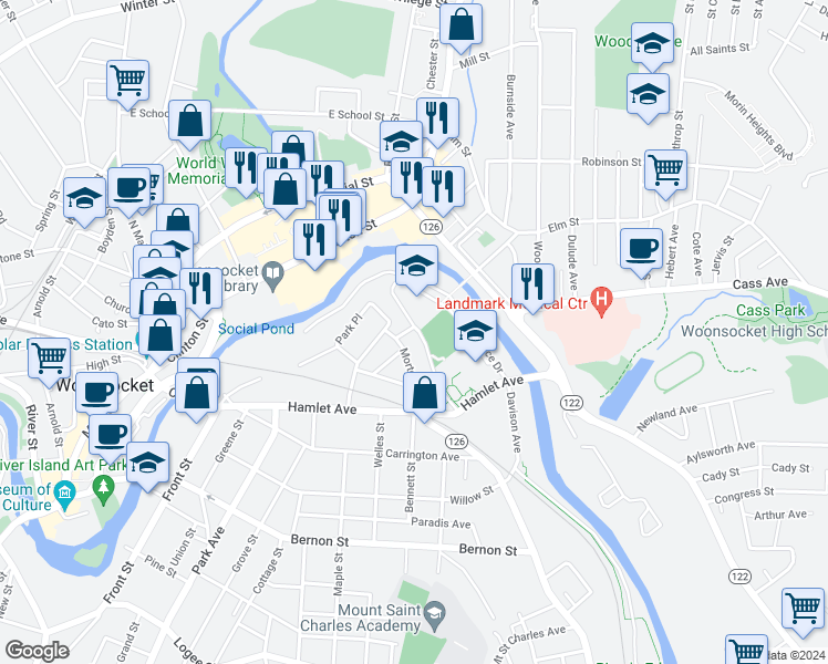 map of restaurants, bars, coffee shops, grocery stores, and more near 218 Park Place in Woonsocket