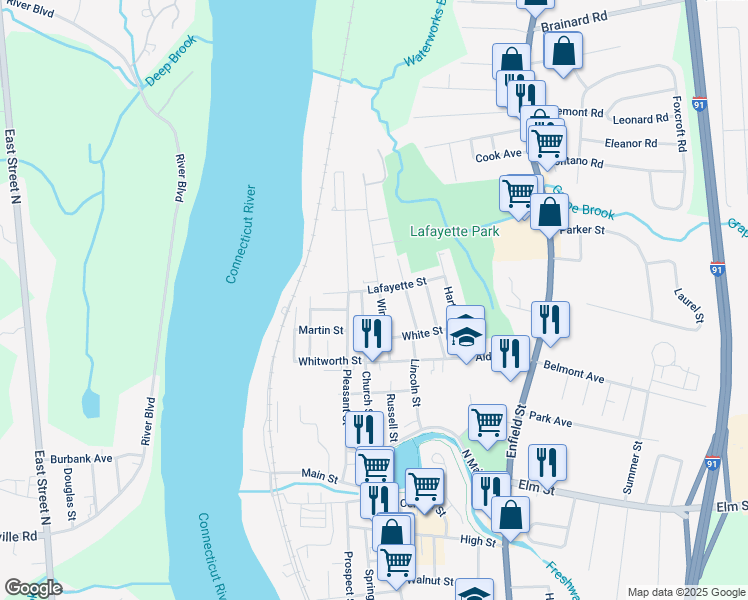 map of restaurants, bars, coffee shops, grocery stores, and more near 59 Windsor Street in Enfield