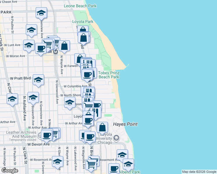 map of restaurants, bars, coffee shops, grocery stores, and more near 1101 West Columbia Avenue in Chicago