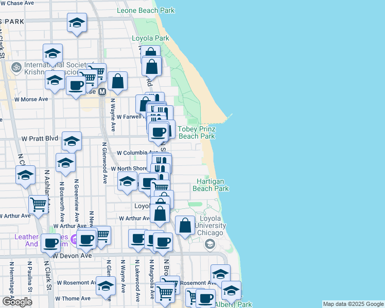 map of restaurants, bars, coffee shops, grocery stores, and more near 1101 West Columbia Avenue in Chicago