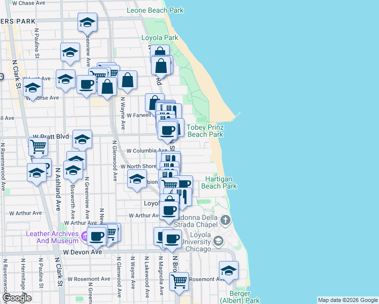 map of restaurants, bars, coffee shops, grocery stores, and more near 1141 West Columbia Avenue in Chicago