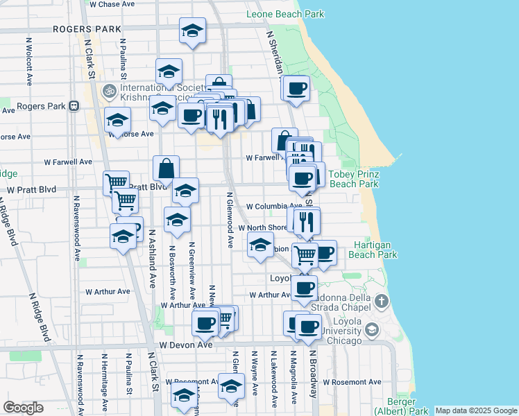 map of restaurants, bars, coffee shops, grocery stores, and more near 1323 West Columbia Avenue in Chicago