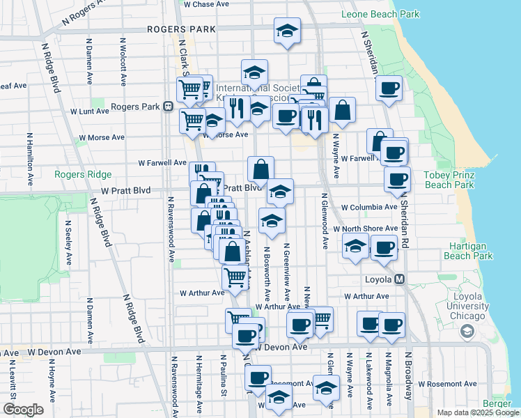 map of restaurants, bars, coffee shops, grocery stores, and more near 6749 North Bosworth Avenue in Chicago