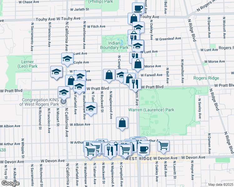 map of restaurants, bars, coffee shops, grocery stores, and more near 6738 North Campbell Avenue in Chicago