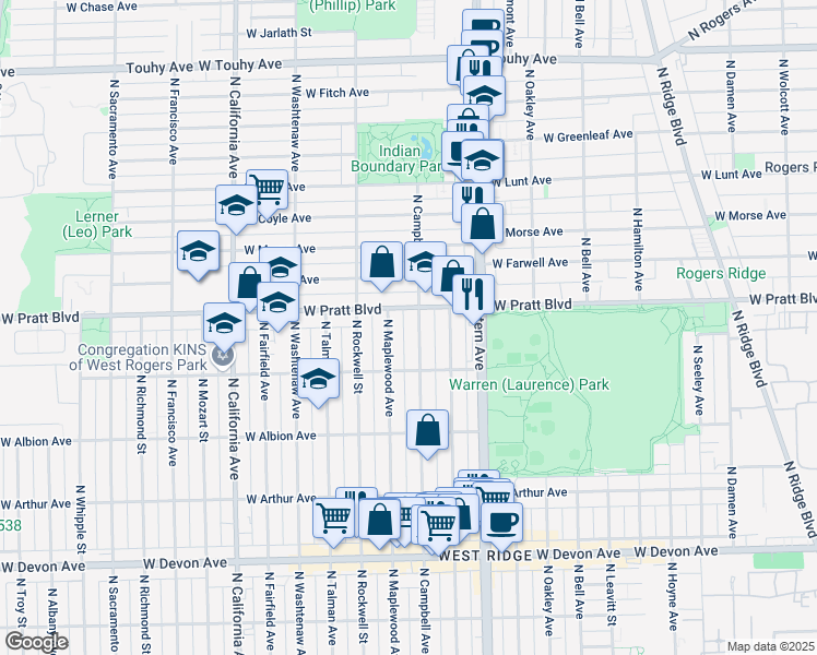 map of restaurants, bars, coffee shops, grocery stores, and more near 6738 North Campbell Avenue in Chicago