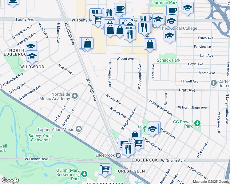 map of restaurants, bars, coffee shops, grocery stores, and more near 6838 North Dowagiac Avenue in Chicago