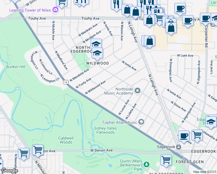 map of restaurants, bars, coffee shops, grocery stores, and more near 6772 North Jean Avenue in Chicago