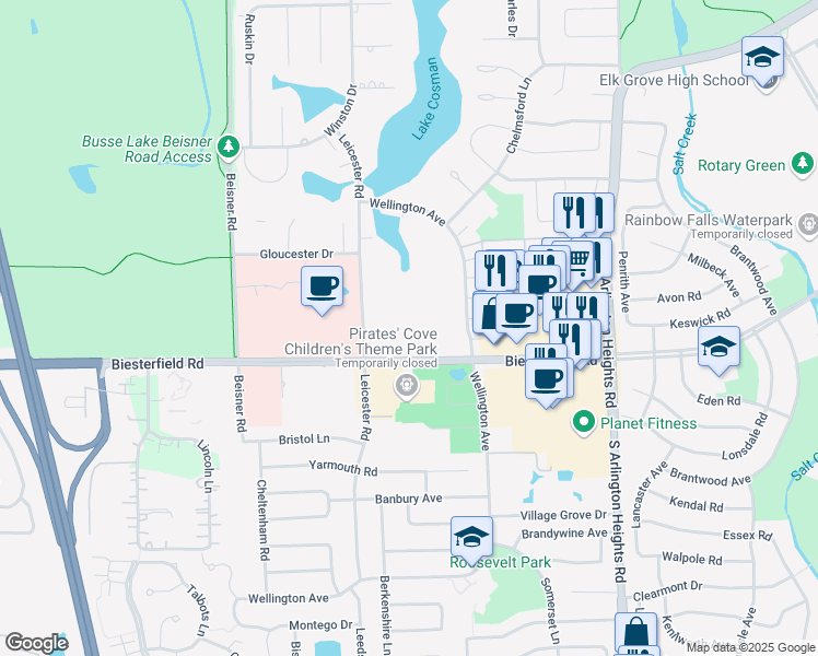 map of restaurants, bars, coffee shops, grocery stores, and more near 850 Wellington Avenue in Elk Grove Village