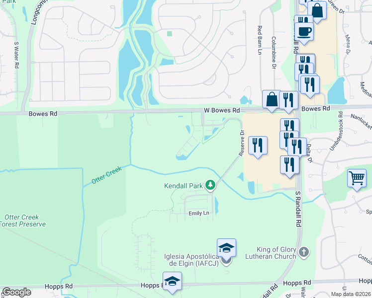 map of restaurants, bars, coffee shops, grocery stores, and more near 1073 Crane Pointe in Elgin