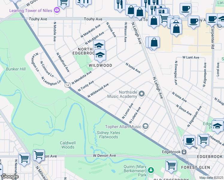 map of restaurants, bars, coffee shops, grocery stores, and more near 6772 North Jean Avenue in Chicago