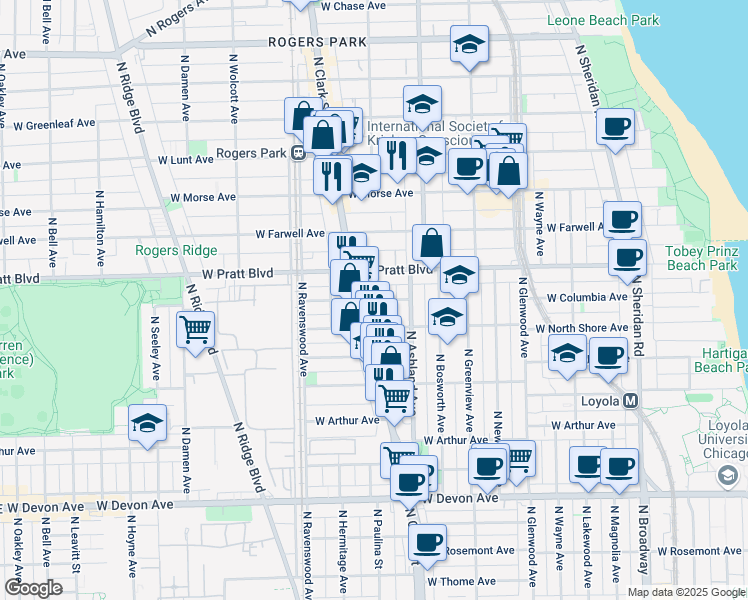 map of restaurants, bars, coffee shops, grocery stores, and more near 1640 West Columbia Avenue in Chicago