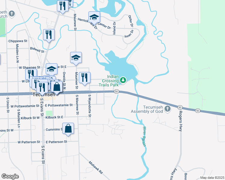 map of restaurants, bars, coffee shops, grocery stores, and more near 702 East Chicago Boulevard in Tecumseh