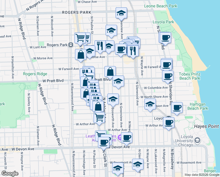 map of restaurants, bars, coffee shops, grocery stores, and more near 6749 North Bosworth Avenue in Chicago