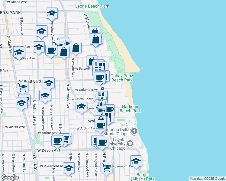 map of restaurants, bars, coffee shops, grocery stores, and more near 1141 West Columbia Avenue in Chicago