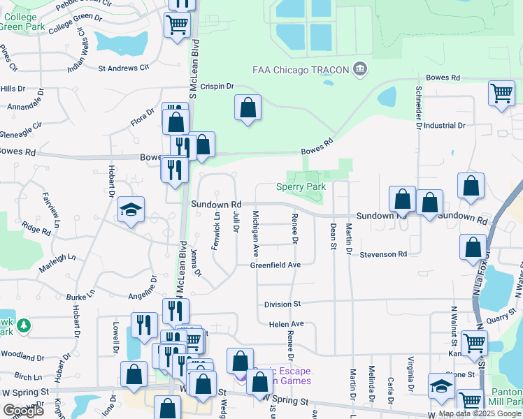 map of restaurants, bars, coffee shops, grocery stores, and more near 919 Sundown Road in South Elgin
