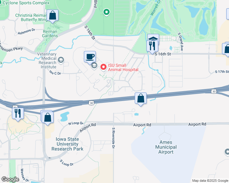 map of restaurants, bars, coffee shops, grocery stores, and more near 314 Strawberry Lane in Ames