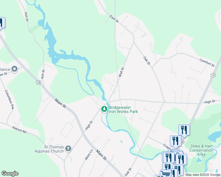 map of restaurants, bars, coffee shops, grocery stores, and more near 24 Bolton Place in Bridgewater