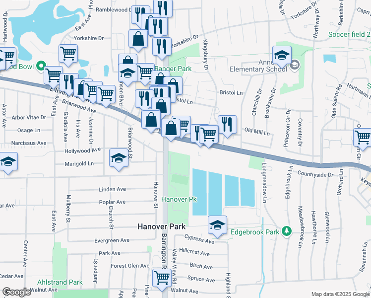 map of restaurants, bars, coffee shops, grocery stores, and more near 1553 Irving Park Road in Hanover Park
