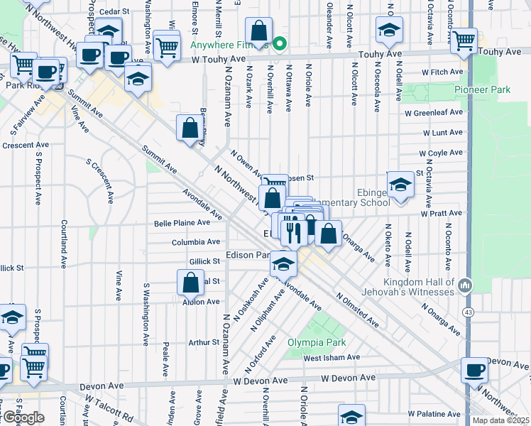 map of restaurants, bars, coffee shops, grocery stores, and more near 6830 North Overhill Avenue in Chicago