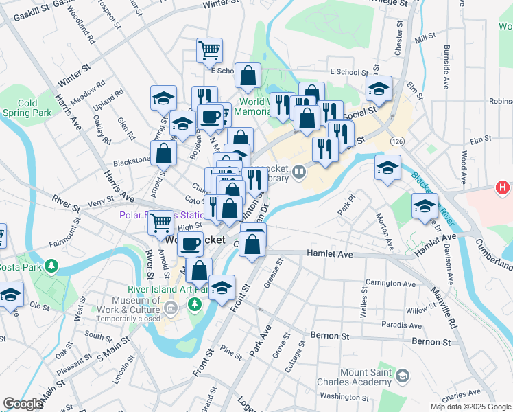 map of restaurants, bars, coffee shops, grocery stores, and more near 137 Clinton Street in Woonsocket