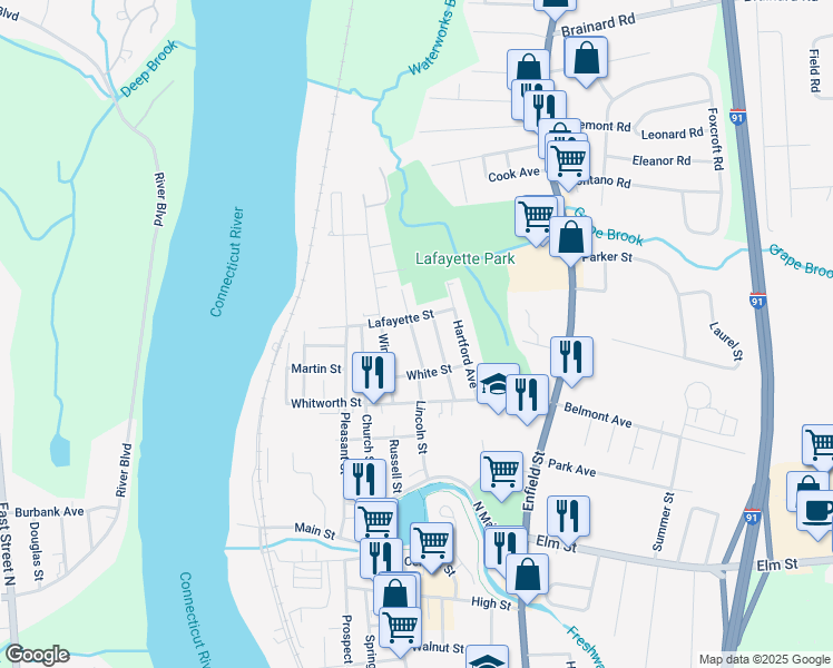 map of restaurants, bars, coffee shops, grocery stores, and more near 18 Union Street in Enfield