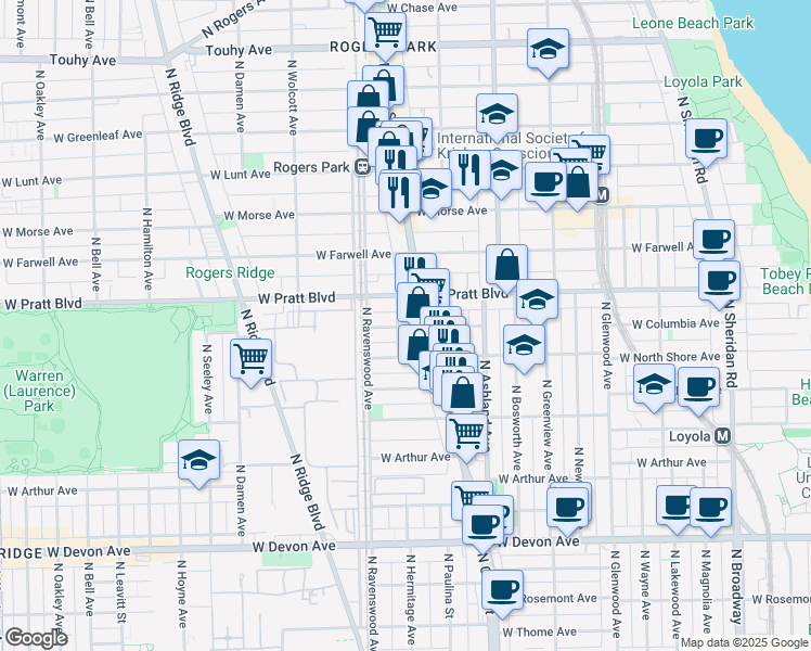 map of restaurants, bars, coffee shops, grocery stores, and more near 6731 North Hermitage Avenue in Chicago