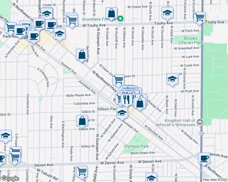 map of restaurants, bars, coffee shops, grocery stores, and more near 6830 North Overhill Avenue in Chicago