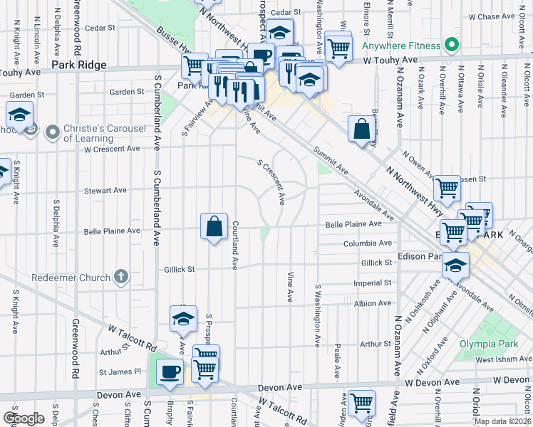 map of restaurants, bars, coffee shops, grocery stores, and more near 438 Stewart Avenue in Park Ridge