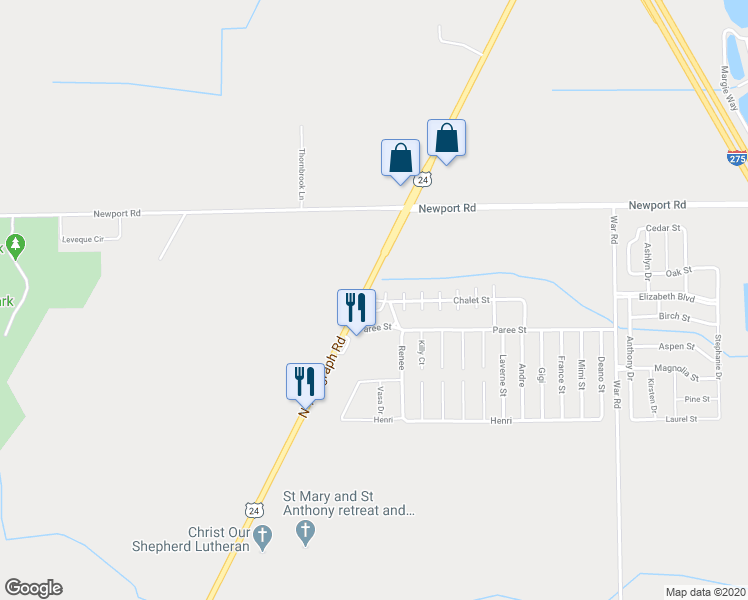 map of restaurants, bars, coffee shops, grocery stores, and more near 1125 Chalet Street in Monroe County