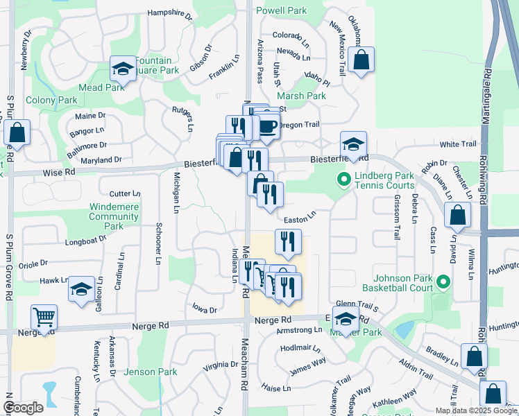 map of restaurants, bars, coffee shops, grocery stores, and more near 707 Meacham Road in Elk Grove Village
