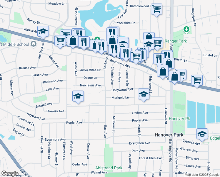 map of restaurants, bars, coffee shops, grocery stores, and more near 7280 Gladiola Avenue in Hanover Park
