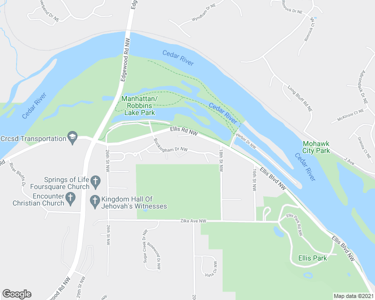 map of restaurants, bars, coffee shops, grocery stores, and more near 2121 Buckingham Drive Northwest in Cedar Rapids