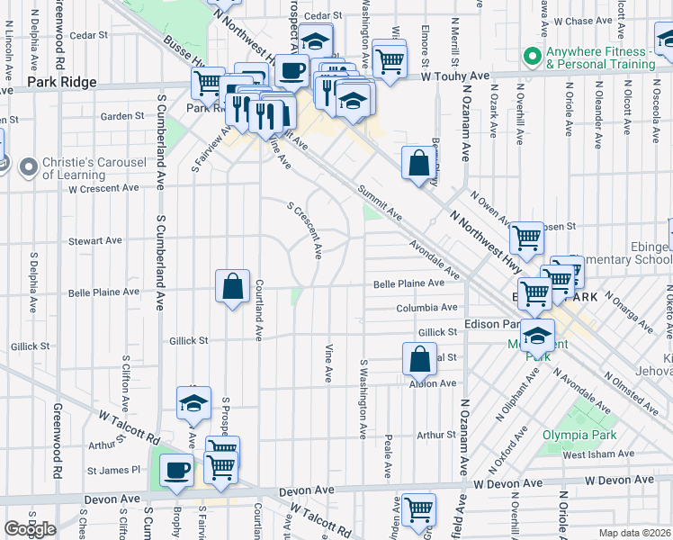 map of restaurants, bars, coffee shops, grocery stores, and more near 515 South Crescent Avenue in Park Ridge