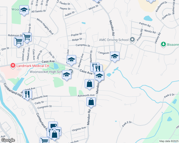 map of restaurants, bars, coffee shops, grocery stores, and more near 958 Cass Avenue in Woonsocket