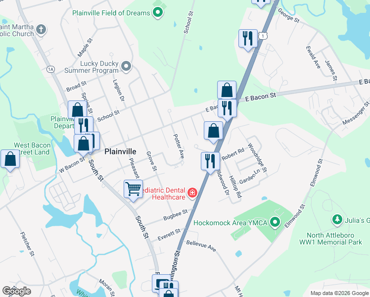 map of restaurants, bars, coffee shops, grocery stores, and more near 14 Barna Woods Way in Plainville