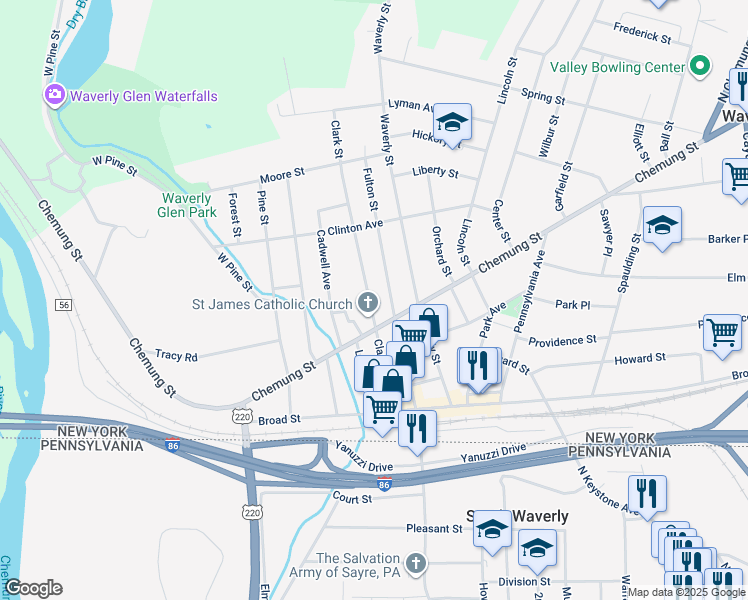 map of restaurants, bars, coffee shops, grocery stores, and more near 510 Clark Street in Waverly