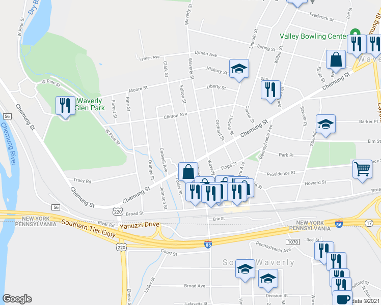 map of restaurants, bars, coffee shops, grocery stores, and more near 475 Fulton Street in Waverly