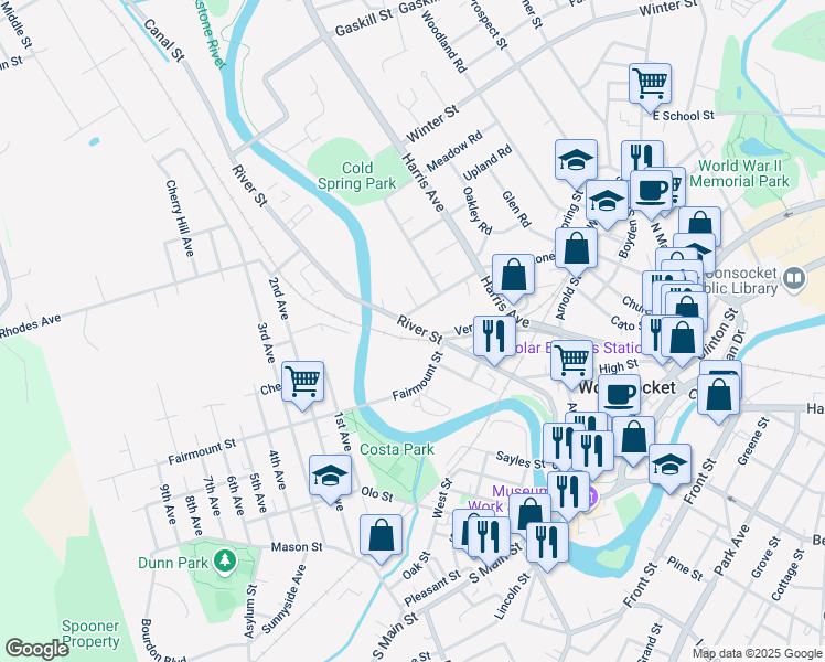map of restaurants, bars, coffee shops, grocery stores, and more near 558 River St in Woonsocket